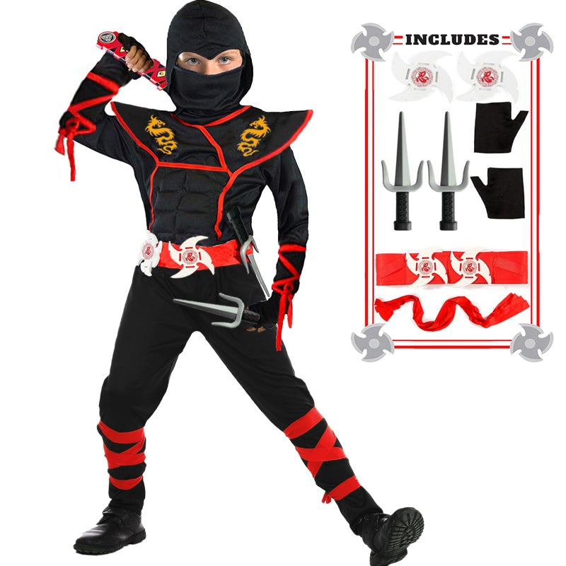 SATKULL Ninja Costumes for Kids Muscle Ninja Costume with Ninjas Accessories Toys Best Children Gifts(Kids-L-8/9T Black) - Image 1